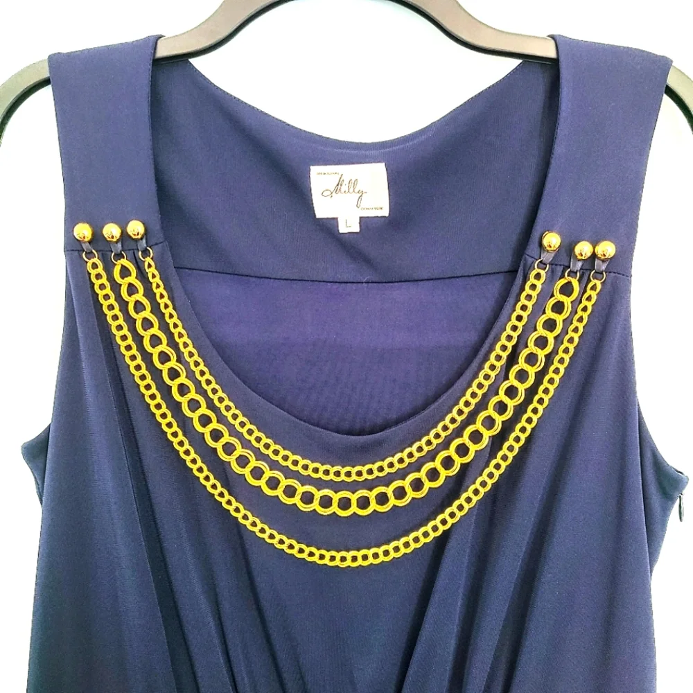 Milly of New York Blue Sleeveless Stretchy Sheath Dress w/ Gold Chain Necklace - Picture 7 of 8